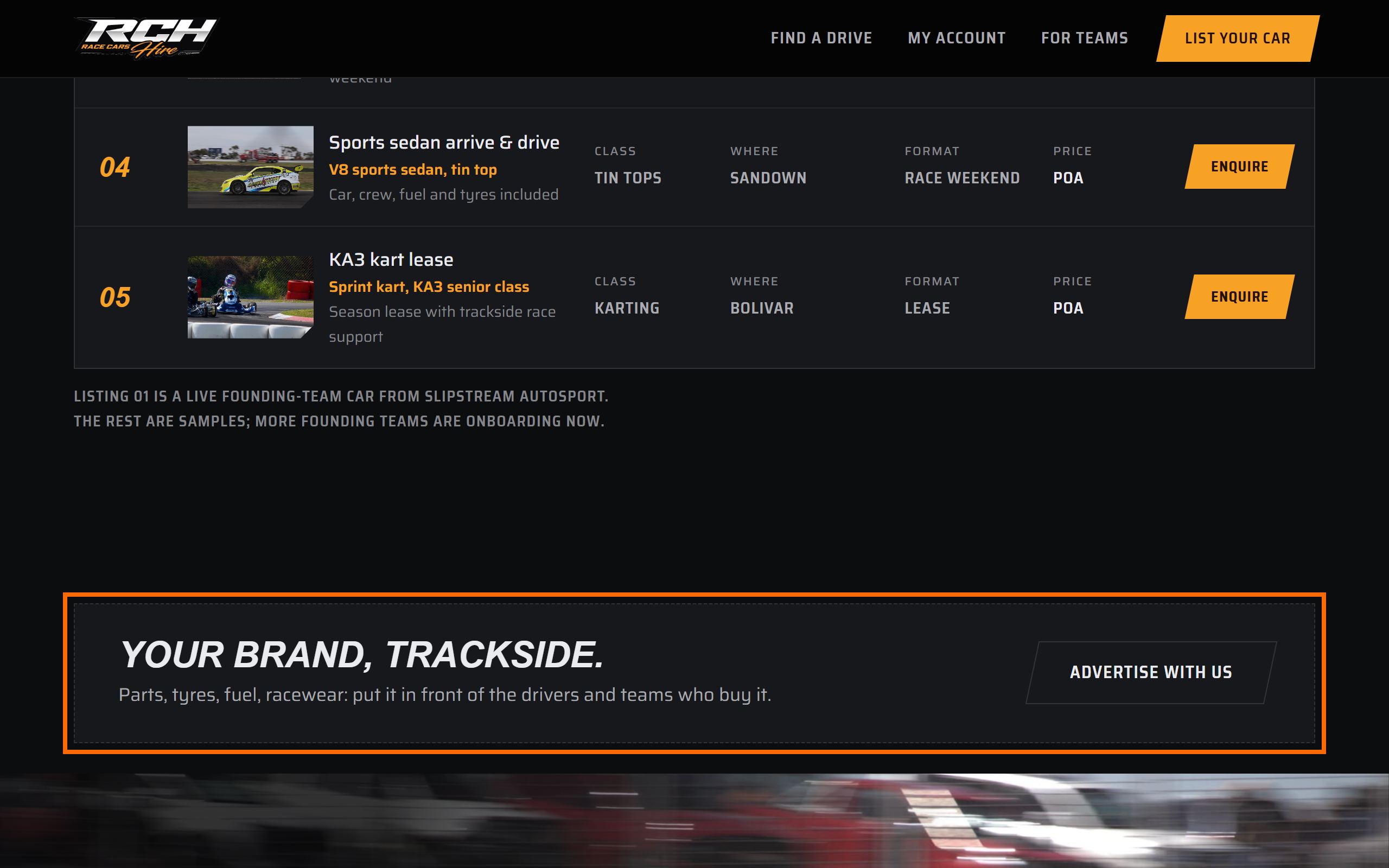 Where the homepage billboard appears on RaceCarsHire